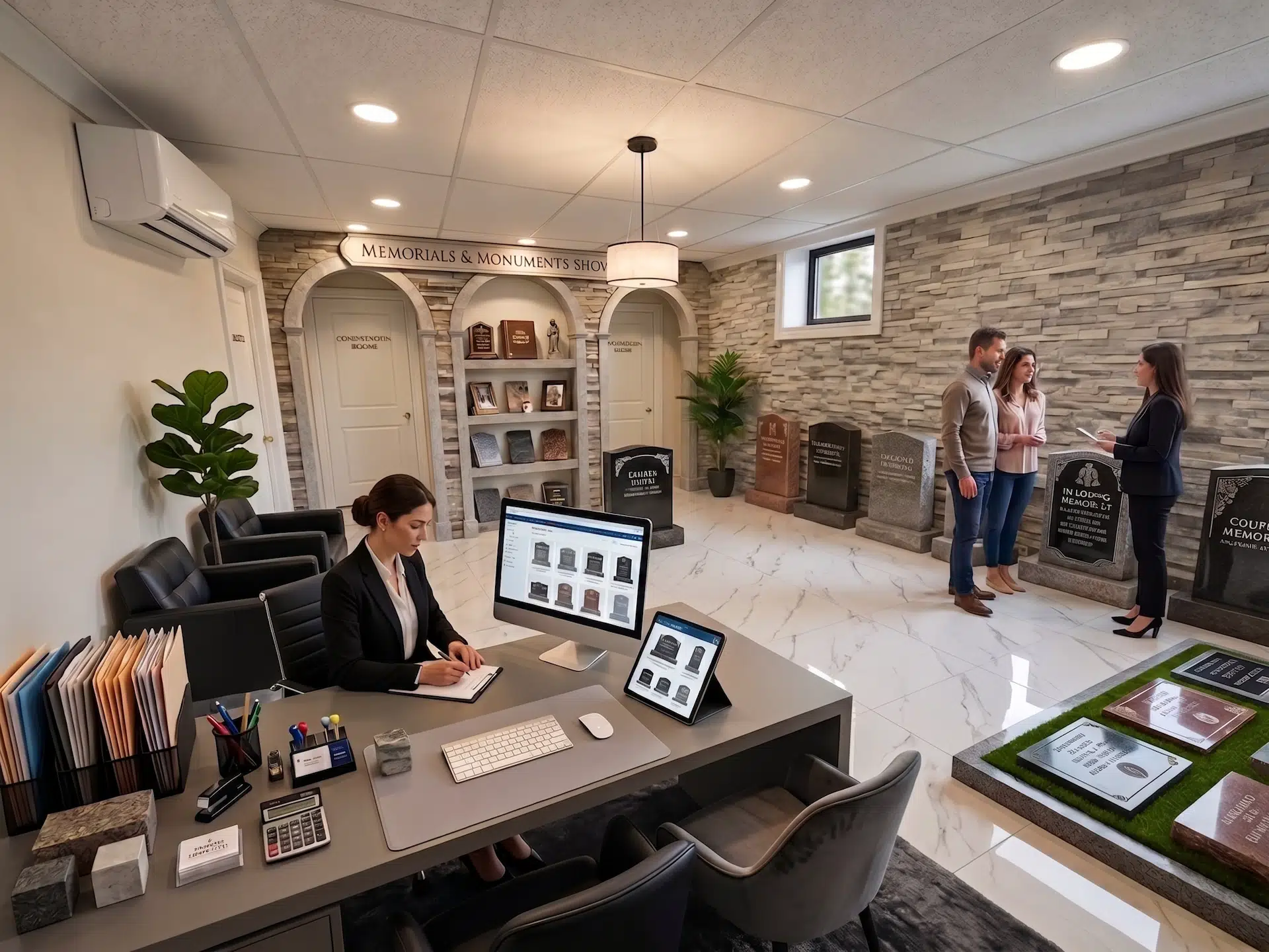Da Vinci Gravestones and Monuments showroom with memorial design examples.
